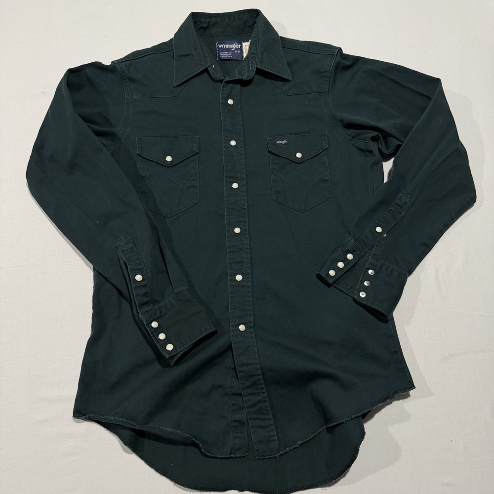 Vintage Wrangler Pearl Snap Shirt Mens 16 35 Large Green Heavy Western Twill